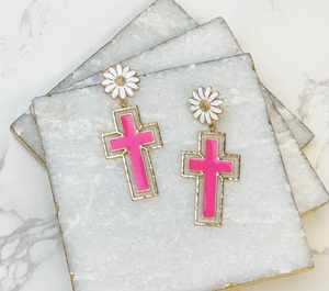 Pink Daisy Cross Earrings