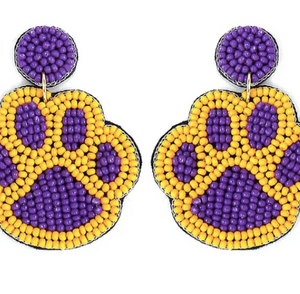 Purple and Gold Beaded Paw Print Earrings