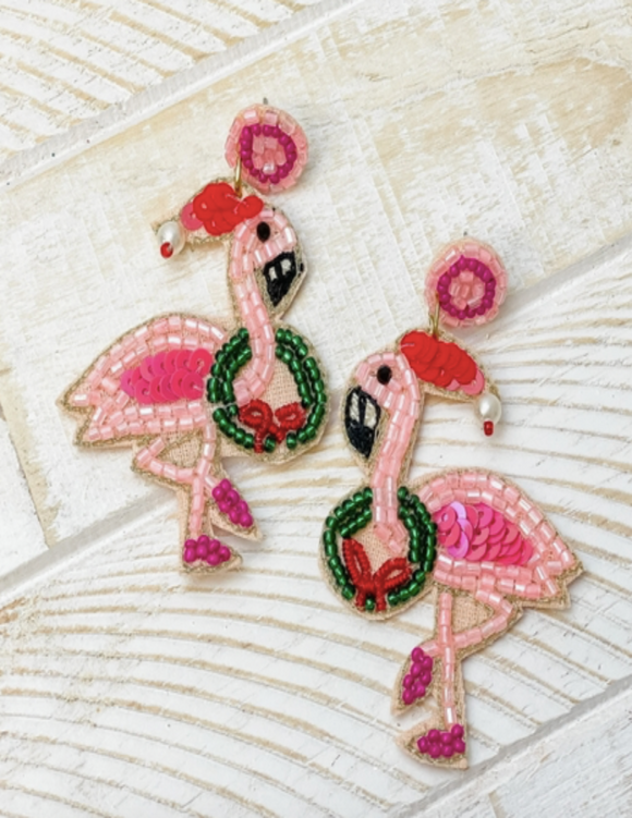 Beaded Flamingo Christmas Earrings