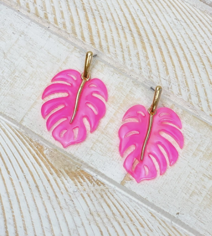 Bright Palm Leaf Acrylic Dangle Earrings - Pink